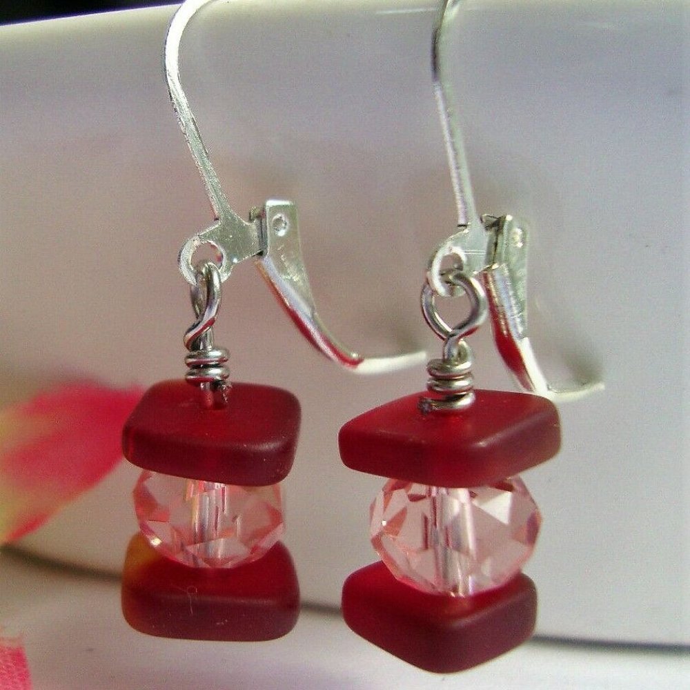 Stacked Red & Pink Leverback Earrings